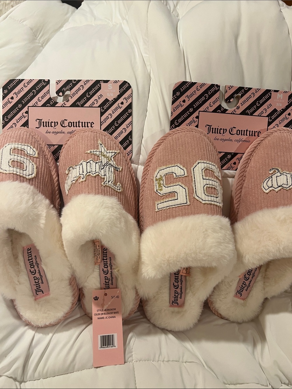 Juicy Couture women’s Dusty Pink Plush corduroy Slippers with Cream Faux Fur